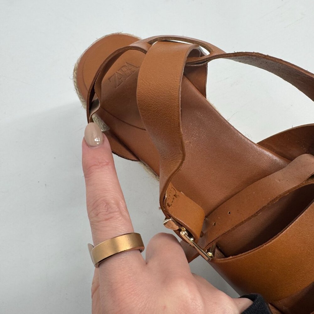 Zara Tan Leather Hessian Wedge Sandals Size 41 - Picture 9 of 11